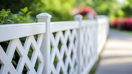 White lattice fence along a garden path, symbolizing privacy and boundary.