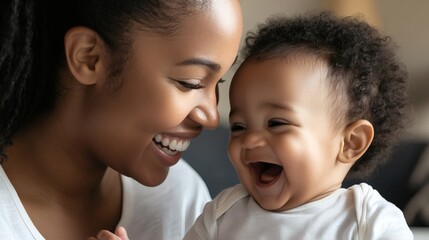 Smiling mother and happy baby sharing a moment of joy