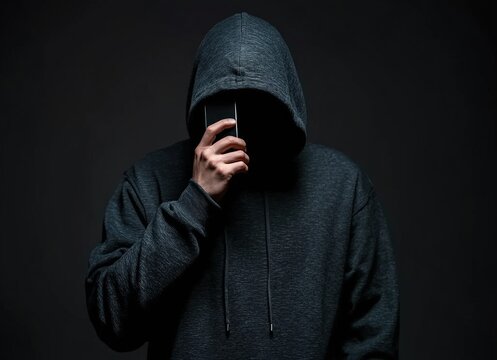 Hooded man hiding face talking on phone in dark room