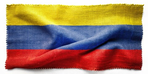 Fabric with Colombian flag print on white background, vibrant red and yellow colors prominent, colombian flag, yellow and red colors