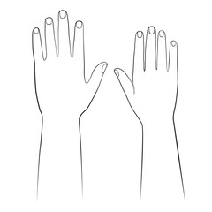 Male and female hands one line drawing on white isolated background