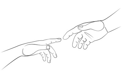 Adam and God hands one line drawing on white isolated background