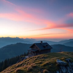 Secluded mountain cabin at sunrise.