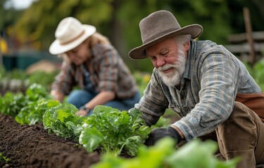 Senior farmers tending to dirt, planting crops, and working in a vegetable garden in a rural outdoor environment