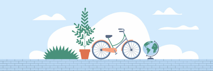 Fototapeta premium Bicycle, plant, and globe in a minimalist design – Ideal for environmental advocacy, sustainable living, or green transport initiatives.