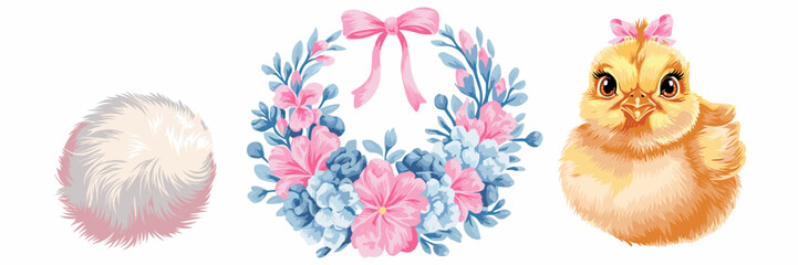 Vector illustration of a chick with bow, bunny tail, and pastel floral wreath &ndash; Great for Easter greetings, spring festivals, or cute animal illustrations.