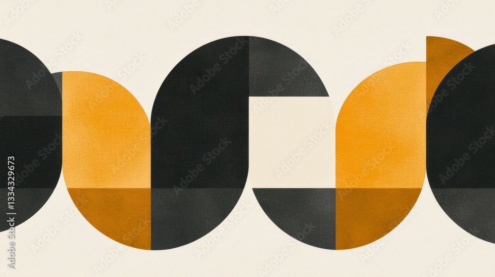 Poster abstract geometric design with overlapping circles and lines in black, orange, and yellow.