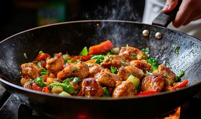 A close-up of delicious aromatic chicken and vibrant vegetables being stir-fried in a hot wok pan with steam rising in a professional kitchen