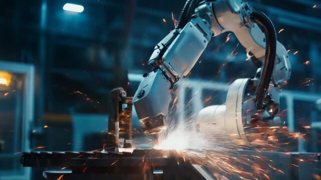 A close-up of a robotic arm working in a factory, with the process of welding causing sparks to fly everywhere, presented in high definition as a video footage from an automated and futuristic factory