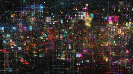 Abstract representation of complex network infrastructure interconnected digital system data flow with node connections and geometric patterns showing digital urban landscape