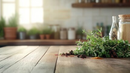 Cozy Kitchen Scene with Fresh Herbs on Wooden Table
