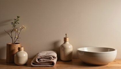 Minimalistic bathroom decor with towels and vases on wooden surface  