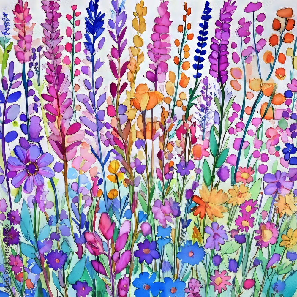 Poster a colorful array of flowers in an abstract artistic style with elegant botanical arrangements agains
