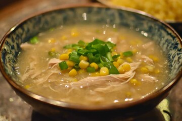 A comforting bowl of creamy chicken and corn soup, generously topped with fresh green onions, served in a rustic blue patterned ceramic bowl, perfect for a warm and hearty meal