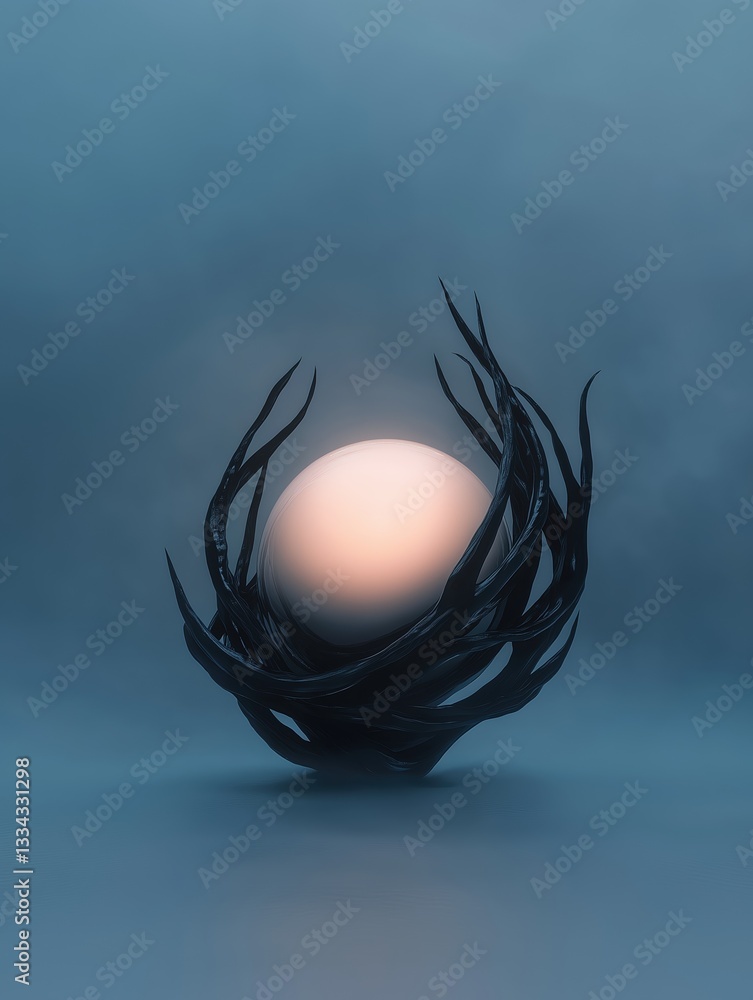 Poster digital illustration of a sphere in the center of a dark blue background. the sphere is spherical an