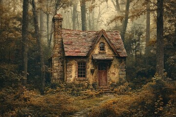 A charming stone cottage nestled in a misty, autumnal forest, exuding tranquility and mystery. © imagepocket pro