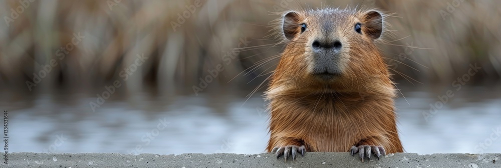 Poster a curious capybara with wet fur and whiskers looks directly at the camera from behind a concrete led