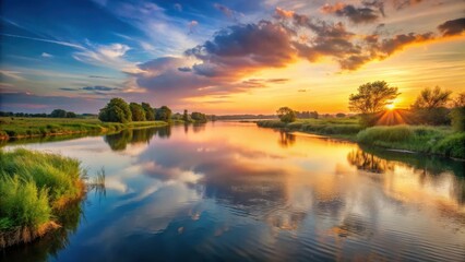 Fototapeta premium Serene River Landscape at Sunset, peaceful, horizon, peaceful, horizon, water, sunset, tree, landscape, tranquil , atmosphere