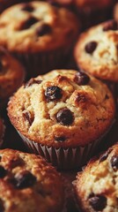 A close-up of freshly baked chocolate chip muffins, showcasing their golden-brown tops and chocolate pieces.