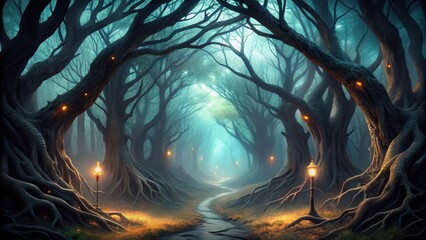 A dark and mysterious forest with twisted tree branches and glowing eyes in the distance, mystical, shadows