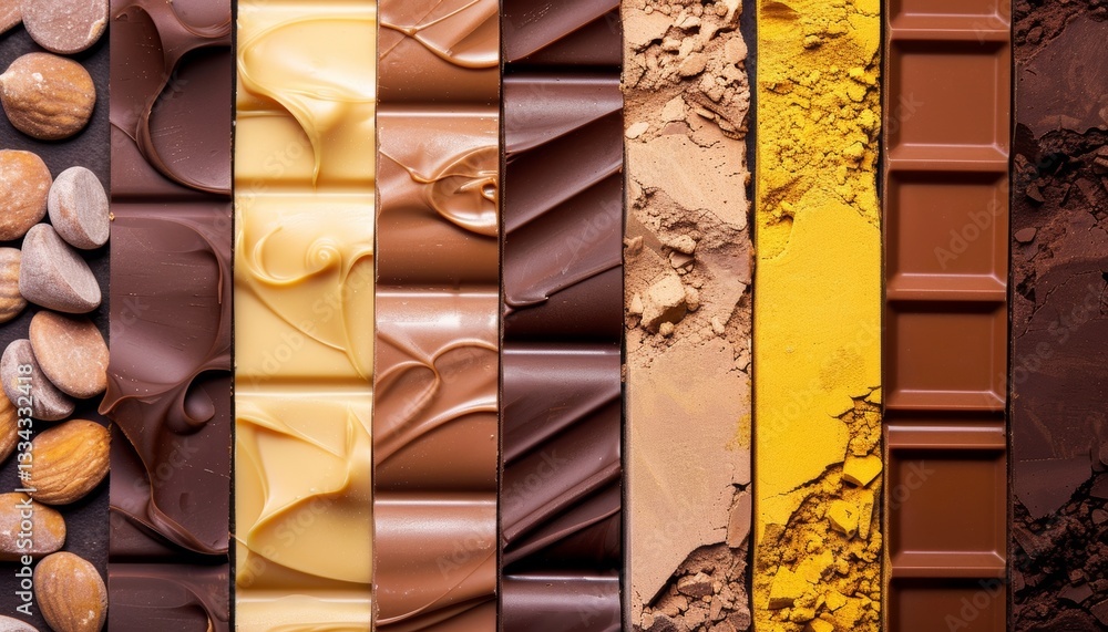 Poster a delectable and visually appealing composition showcasing various types and textures of chocolate a
