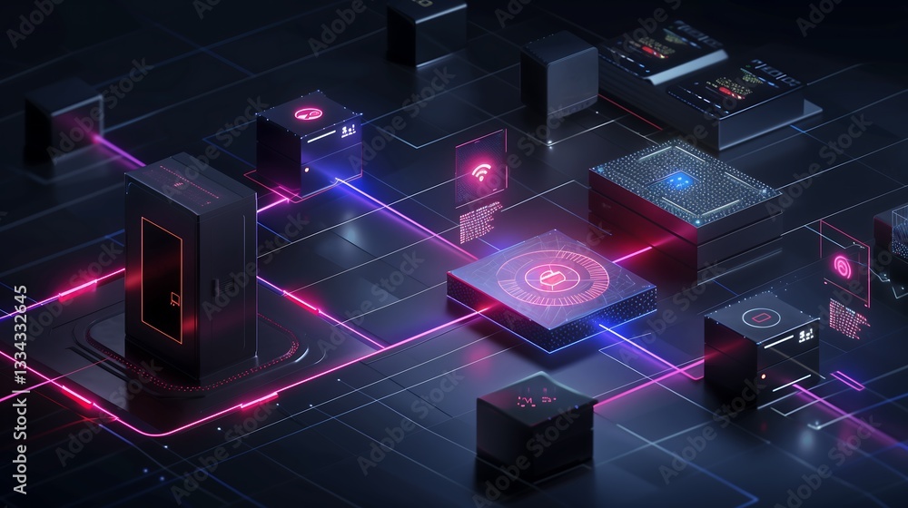Poster a futuristic business environment where encrypted data streams flow between interconnected devices, 