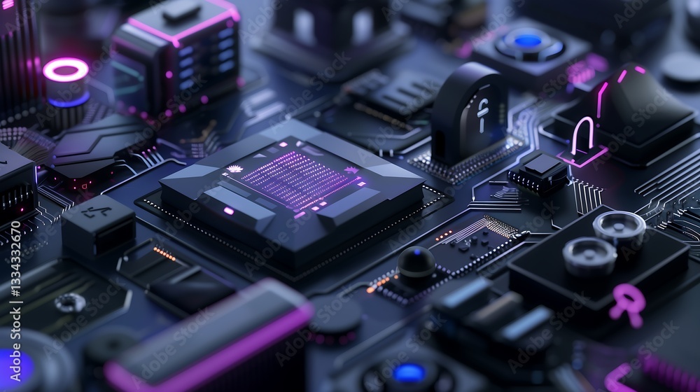 Poster a futuristic business environment where encrypted data streams flow between interconnected devices, 