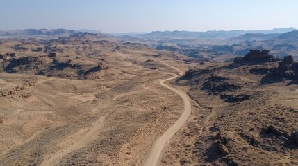 A winding dirt road traverses a vast desert landscape.