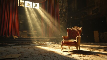 Dust particles dance in sunbeams streaming through a window, revealing an empty and dilapidated room with a vintage armchair at its center. Red curtains drape elegantly