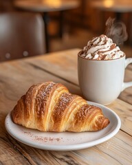 A golden croissant on a white plate with a steaming mug of hot chocolate topped with whipped cream