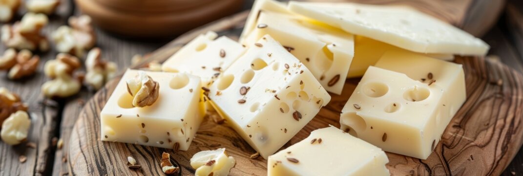 A delightful assortment of Swiss cheese with cumin seeds presented on a rustic wooden board alongside walnuts, creating an inviting and savory composition