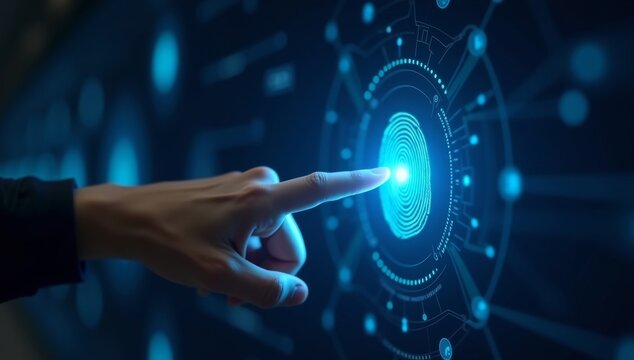 close-up of a hand pressing a digital fingerprint scanner, with a glowing blue light emanating from the sensor and digital data flowing around it