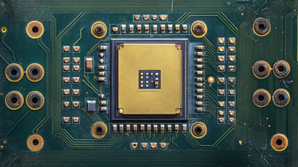 Close up of intricate integrated circuit chip on a motherboard highlighting modern technology and microelectronics with golden microprocessor details