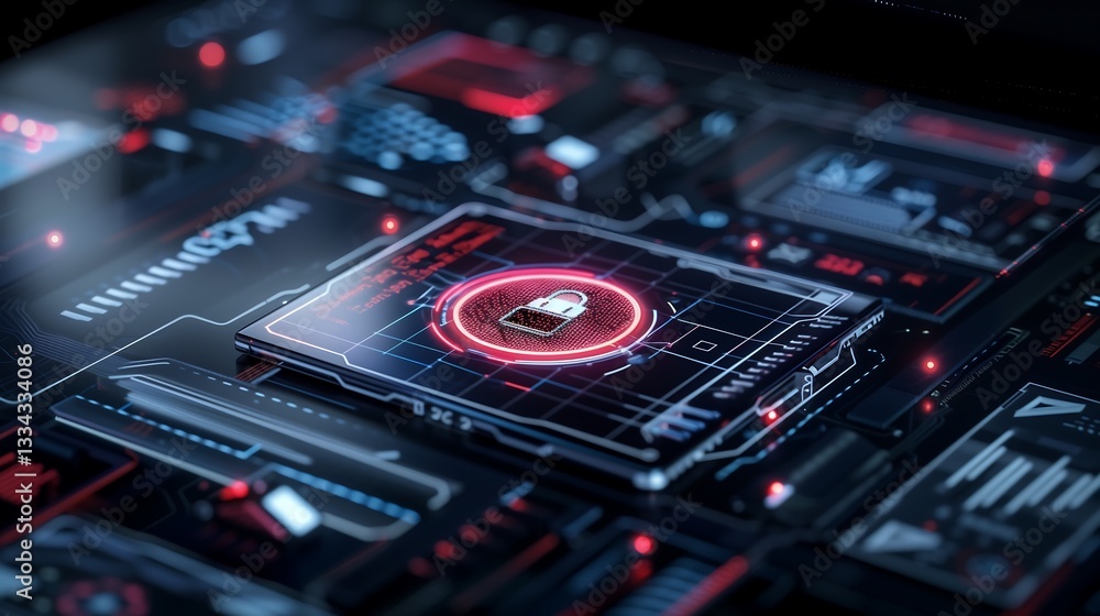 Poster an augmented reality display of cybersecurity layers, showing multi-factor authentication, encryptio