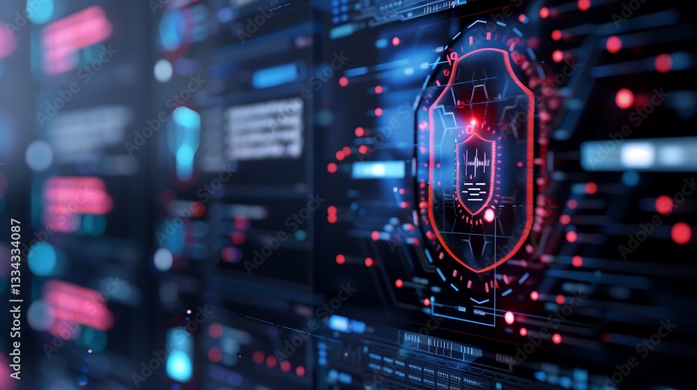 Poster an augmented reality display of cybersecurity layers, showing multi-factor authentication, encryptio