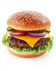 An inviting cheeseburger with a thick beef patty, gooey cheese, and fresh vegetables, placed on a white background.