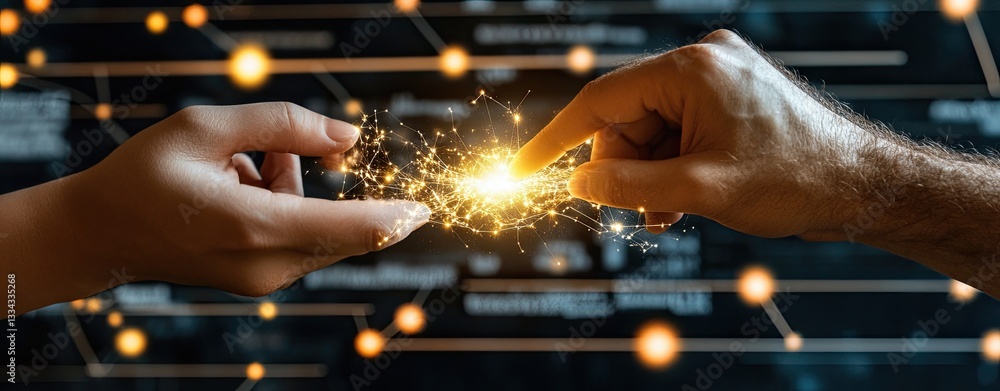 Poster hands reaching towards each other generating energy sparks against a dark background with connection