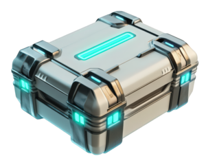 high tech metal box featuring digital locks and LED indicators, designed for secure storage. Its sleek design and glowing accents convey sense of modern technology and security