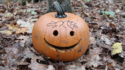 Happy carved pumpkin on autumn leaves.