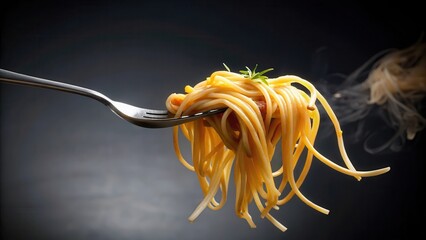 A delicate swirl of cooked spaghetti is twirled around a fork, releasing a trail of savory goodness , fork, food,  fork, food