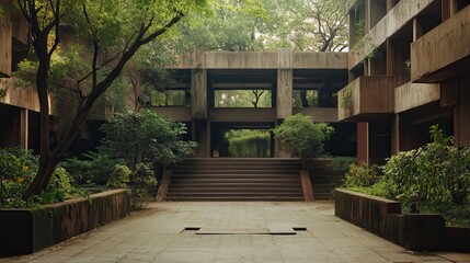 Obraz premium Urban Courtyard Overgrown Concrete Building