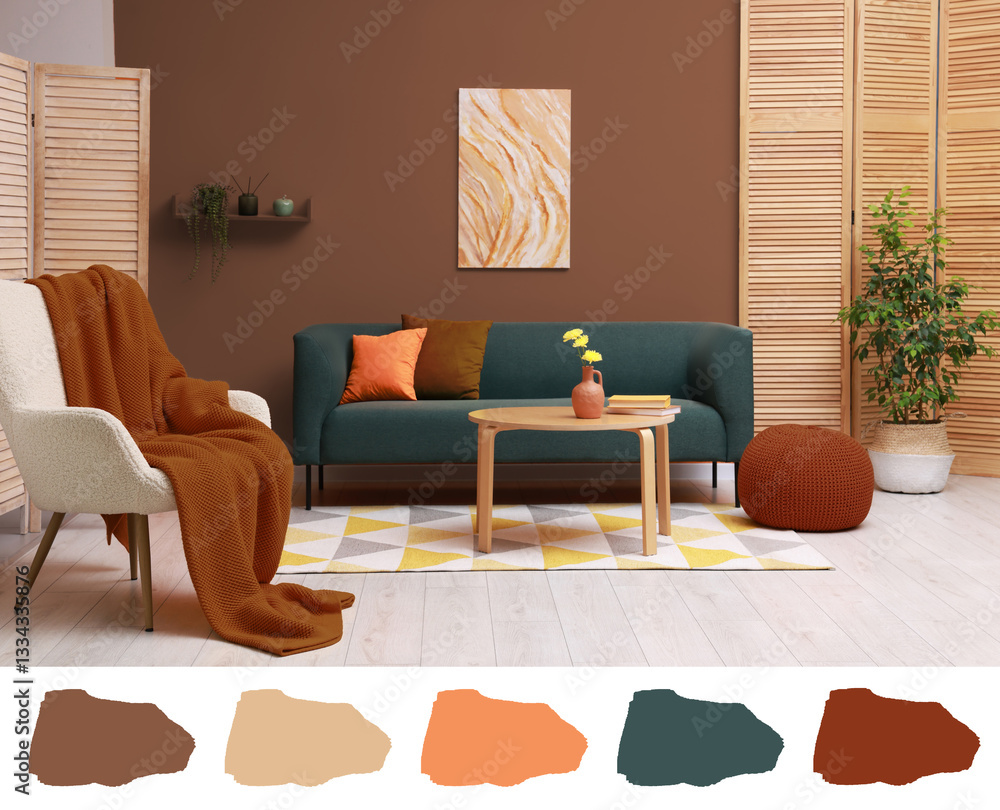 Poster stylish living room with elements in mocha mousse shade. interior design and matching color palette