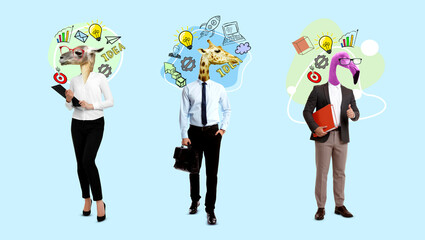 Creative collage. Business people and different elements combined into artwork on light blue...