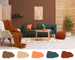 Stylish living room with elements in mocha mousse shade. Interior design and matching color palette