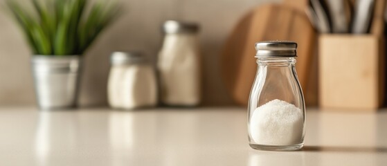 Small glass salt shaker with a metal lid on a kitchen countertop. the shaker is filled with white sugar and is placed in the center of the image.