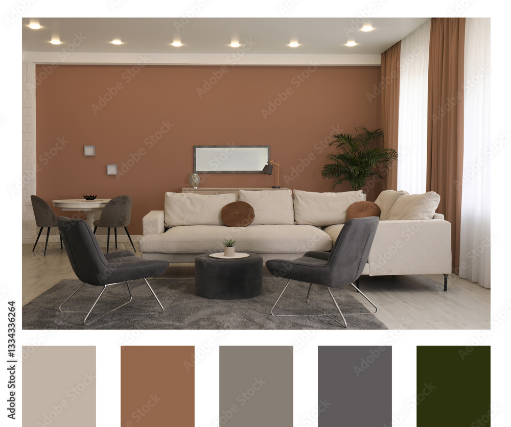 Aufkleber stylish living room with elements in mocha mousse shade. interior design and matching color palette