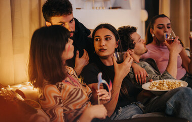 A group of friends celebrates a birthday with snacks and drinks in a cozy setting. They appear relaxed and engaged in lively conversation, capturing the essence of friendship and celebration.