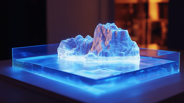 Futuristic 3D mountain model on a transparent platform illuminated with blue light technology showcasing advanced geospatial visualization and design principles
