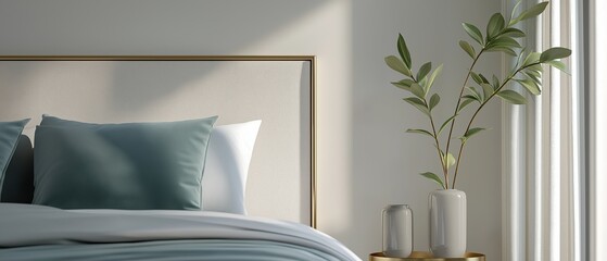 Modern bedroom with a large window on the right side. the window has white vertical blinds that are open, allowing natural light to enter the room.