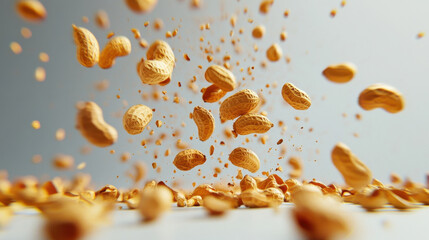 Close up of peanuts falling onto white surface, creating dynamic and lively scene. scattered peanuts showcase their texture and color, evoking sense of fun and energy